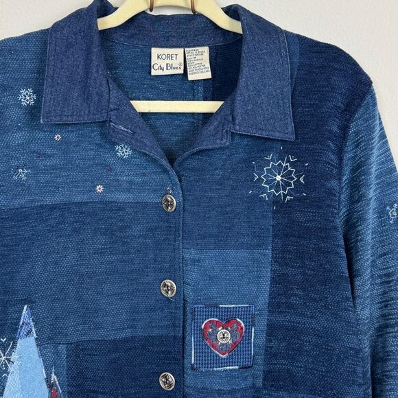 VTG Koret City Blue Chenille Christmas Patchwork Embroidered Jacket Winter M - Picture 2 of 8